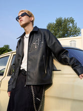 Cross Star Patchwork Embroidery Litchi Leather Jacket - COPPING THREADS - Harsh and Cruel